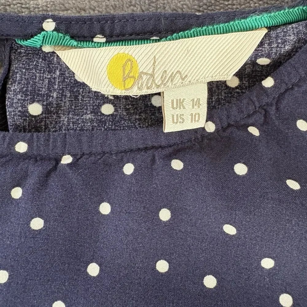 Boden Women's 100% Viscose Navy with White Polka Dot Long Puff Sleeve Blouse